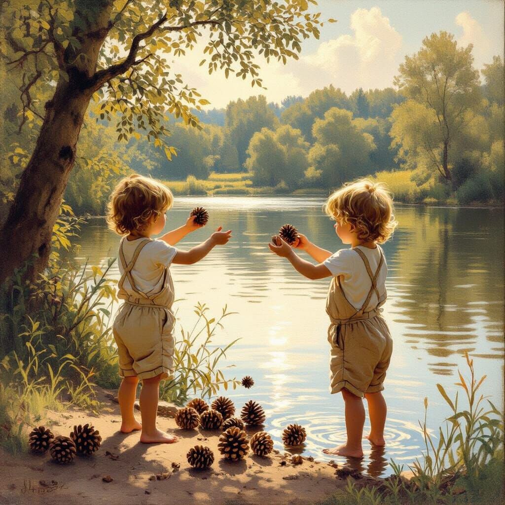 Children Playing by Reservoir, Old Masters Style