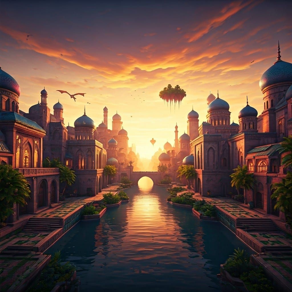 Arabian Nights Cityscape with Wyverns at Dusk