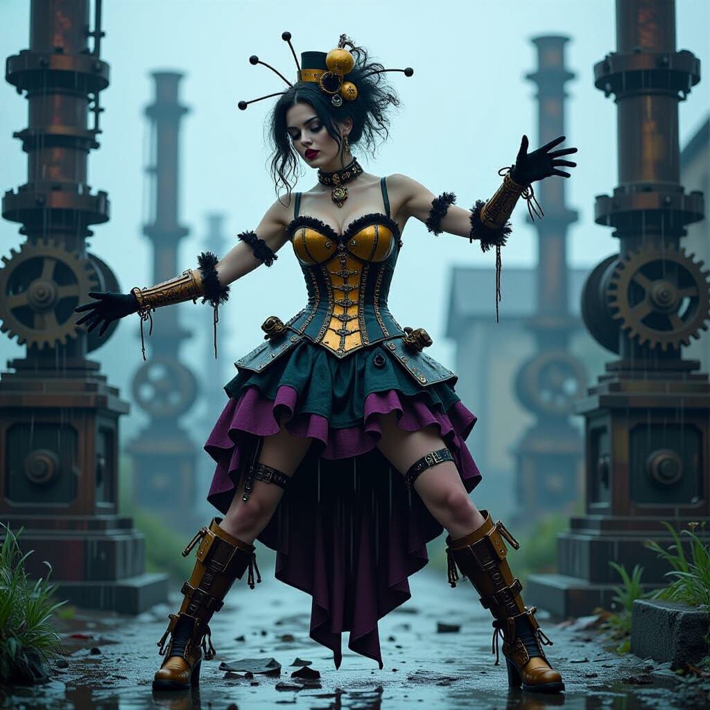 Steampunk Woman Dancing in Rainy Dystopian World