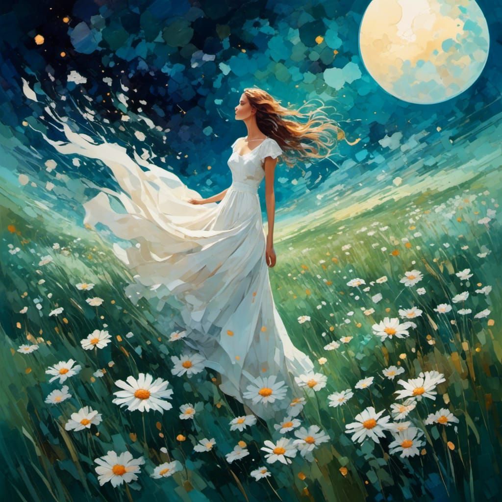 Dreamy Woman Walking in Daisy Field Under Starry Sky