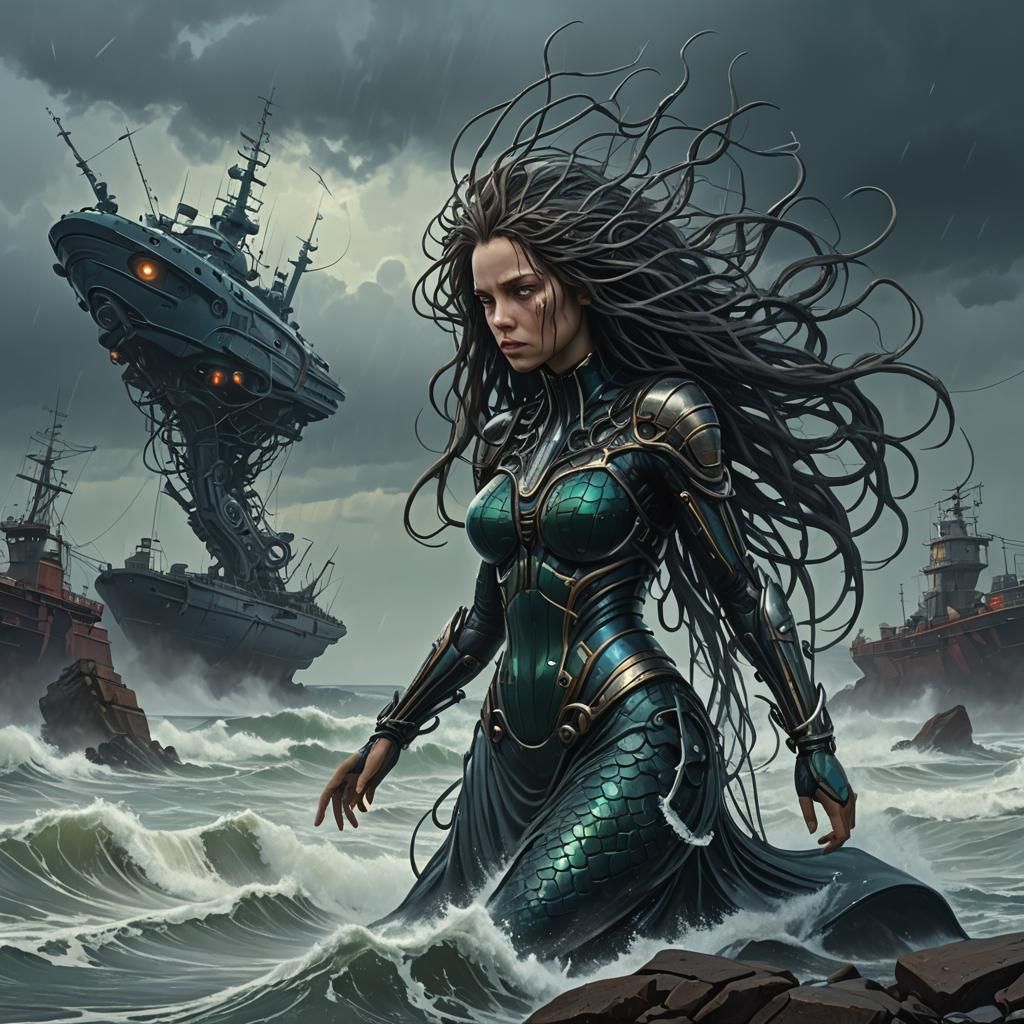 Dark Mermaid and Dragon Emerge from Stormy Sea