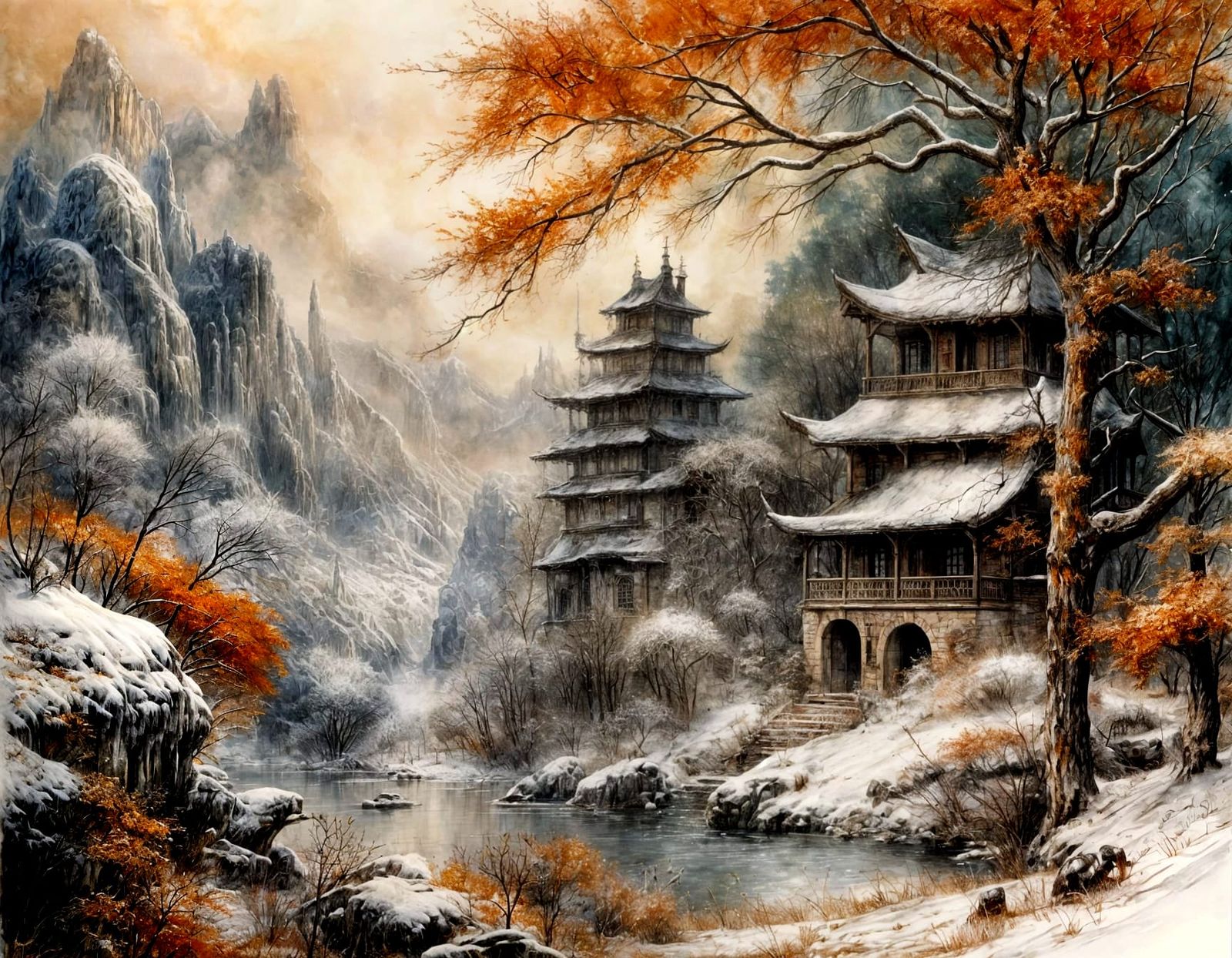 Winter Forest Pagoda in Mixed Media Style