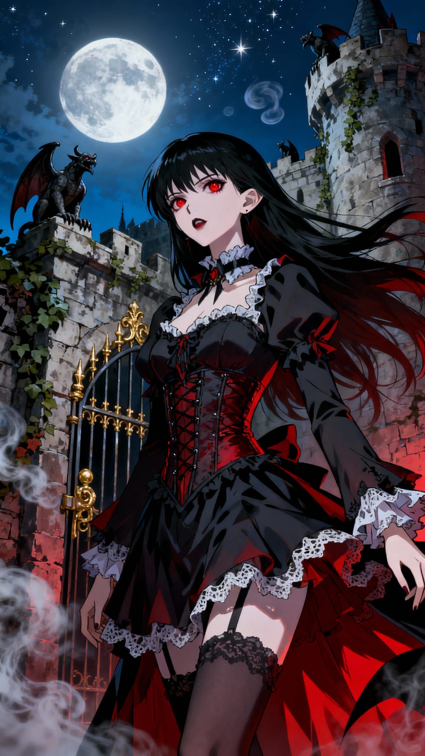 Gothic Lolita Vampire Girl at Moonlit Castle