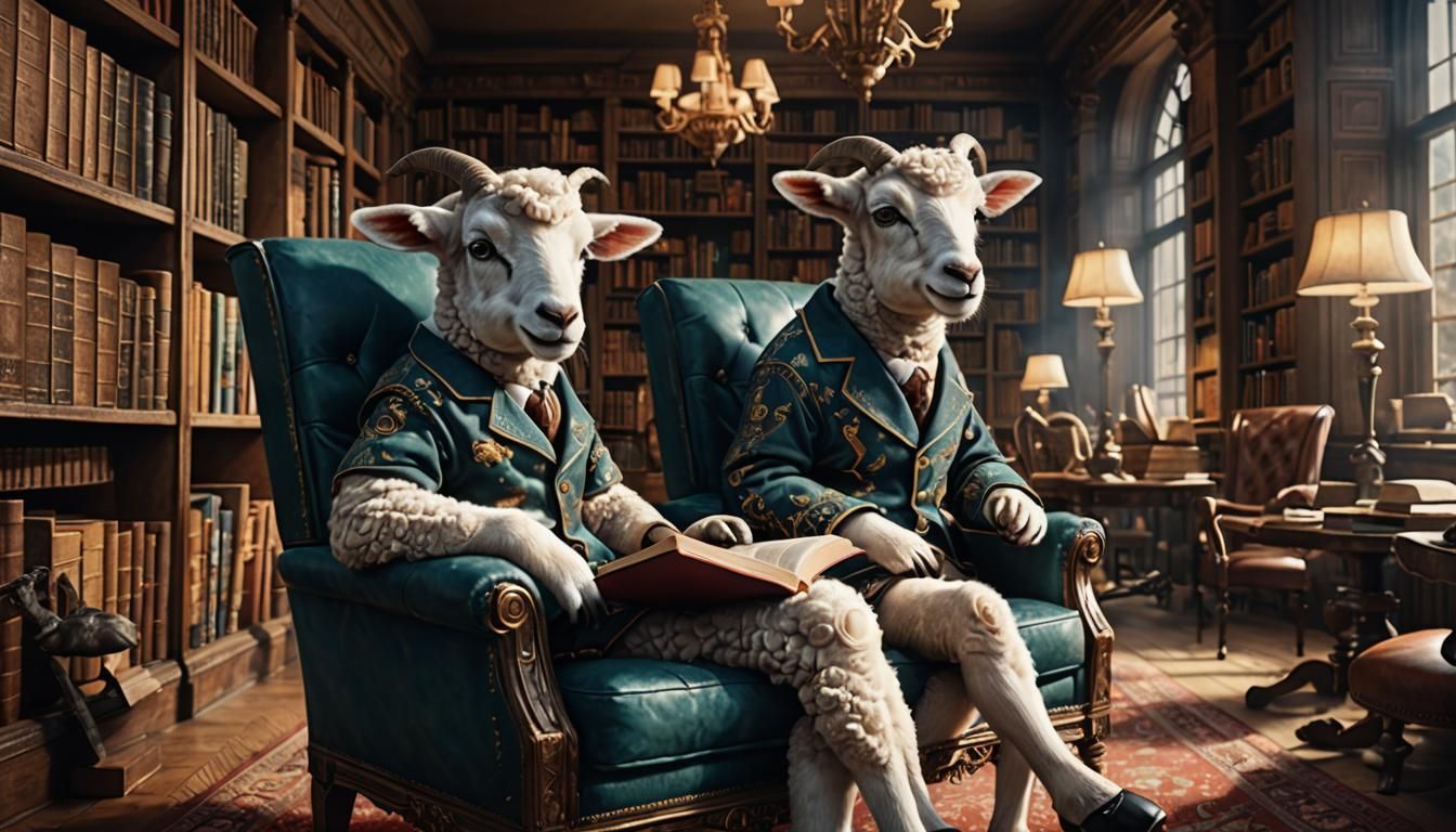 Photorealistic Lambs Reading Books in Library