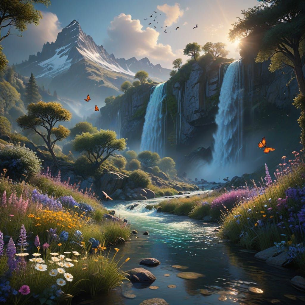 Majestic Waterfall in Lush Mountain Landscape with Birds and...