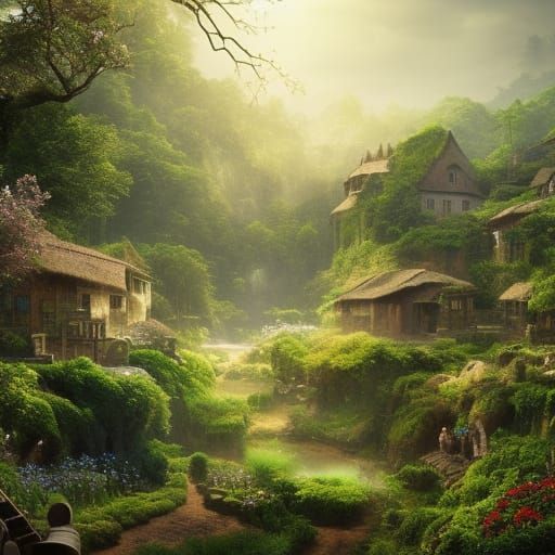 Forest Village with Blooming Gardens: Digital Matte Painting