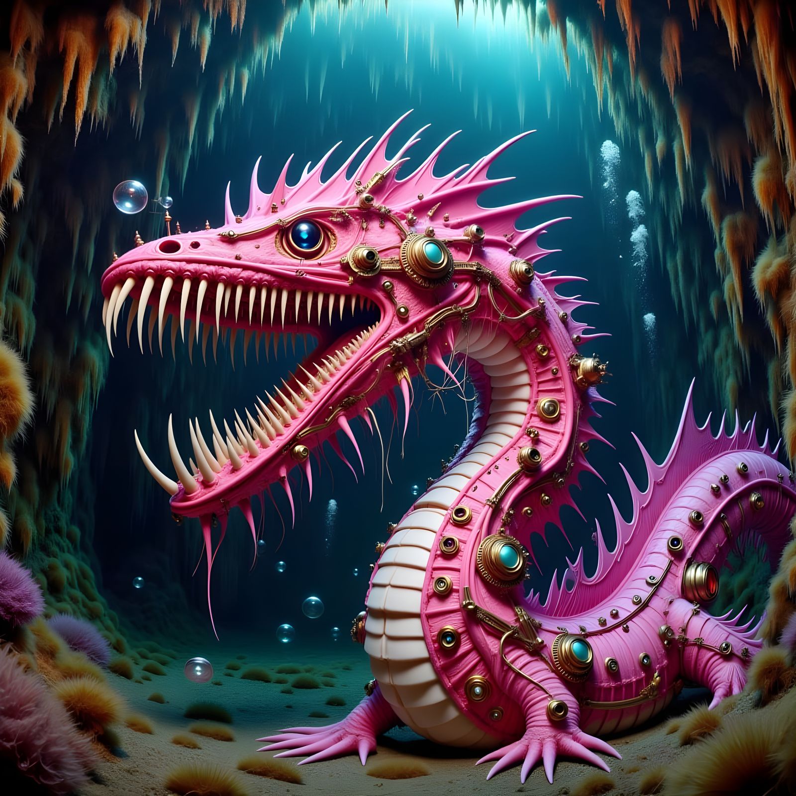 Steampunk Pink Sea Serpent in Cave
