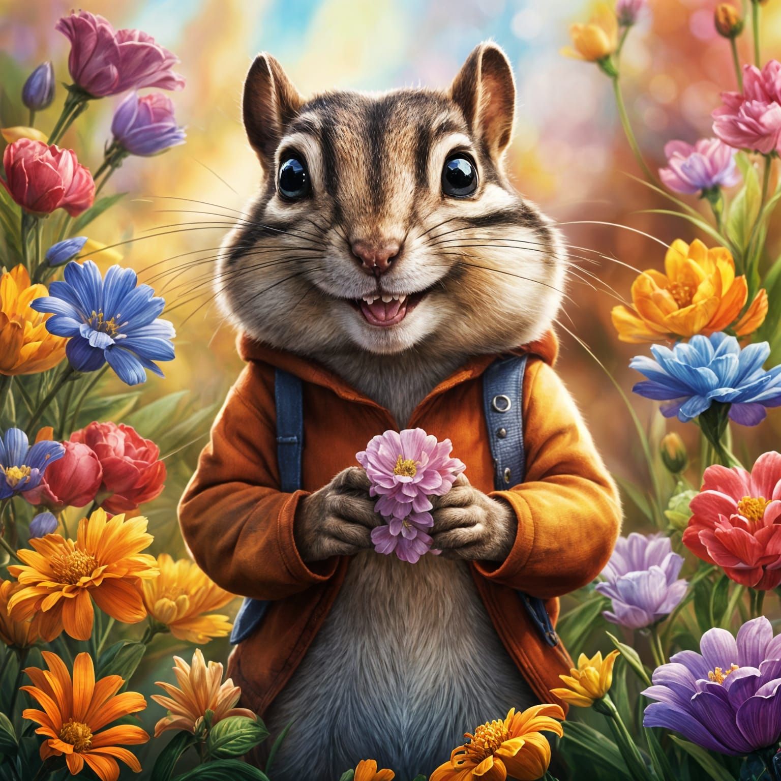 Hyperrealistic Chipmunk Birthday Greeting with Flowers