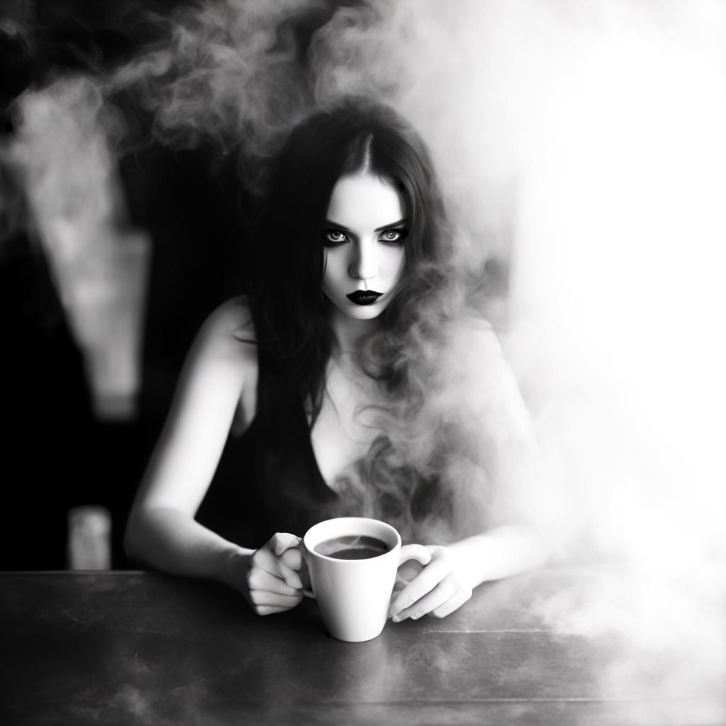 Goth Model in Coffee Shop: Black and White Photo