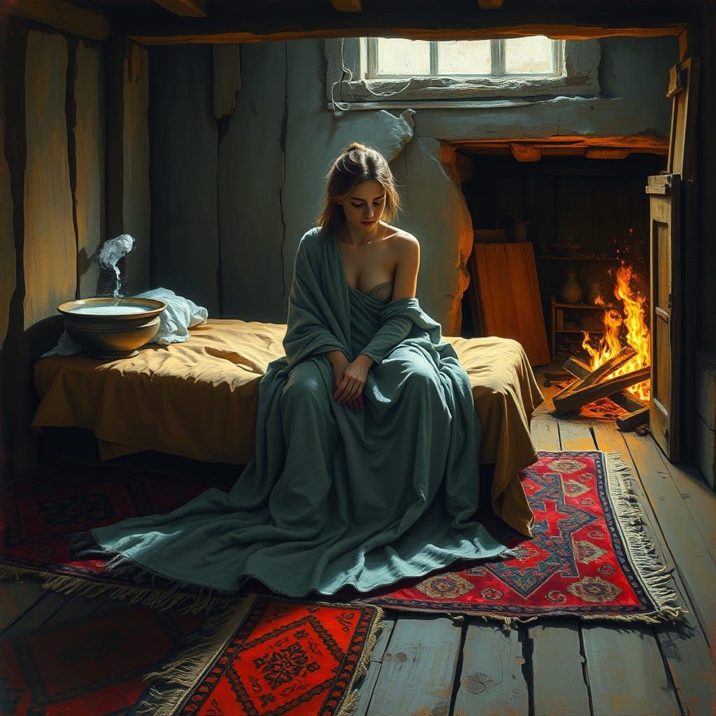 Woman in Stable with Firelit Basin, Abstract Art