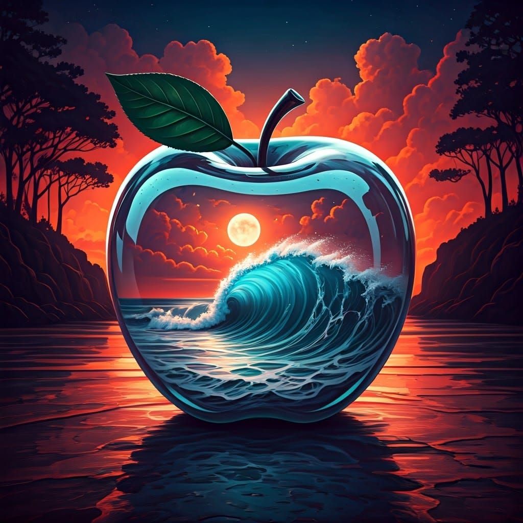A crystal apple with inside a Ocean waves crash against the shore under a moonlit sky with red glowing clouds and silhou...