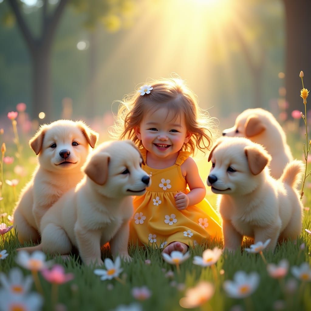 Pastel Puppies Play in Mystical Meadow, Fantasy Art