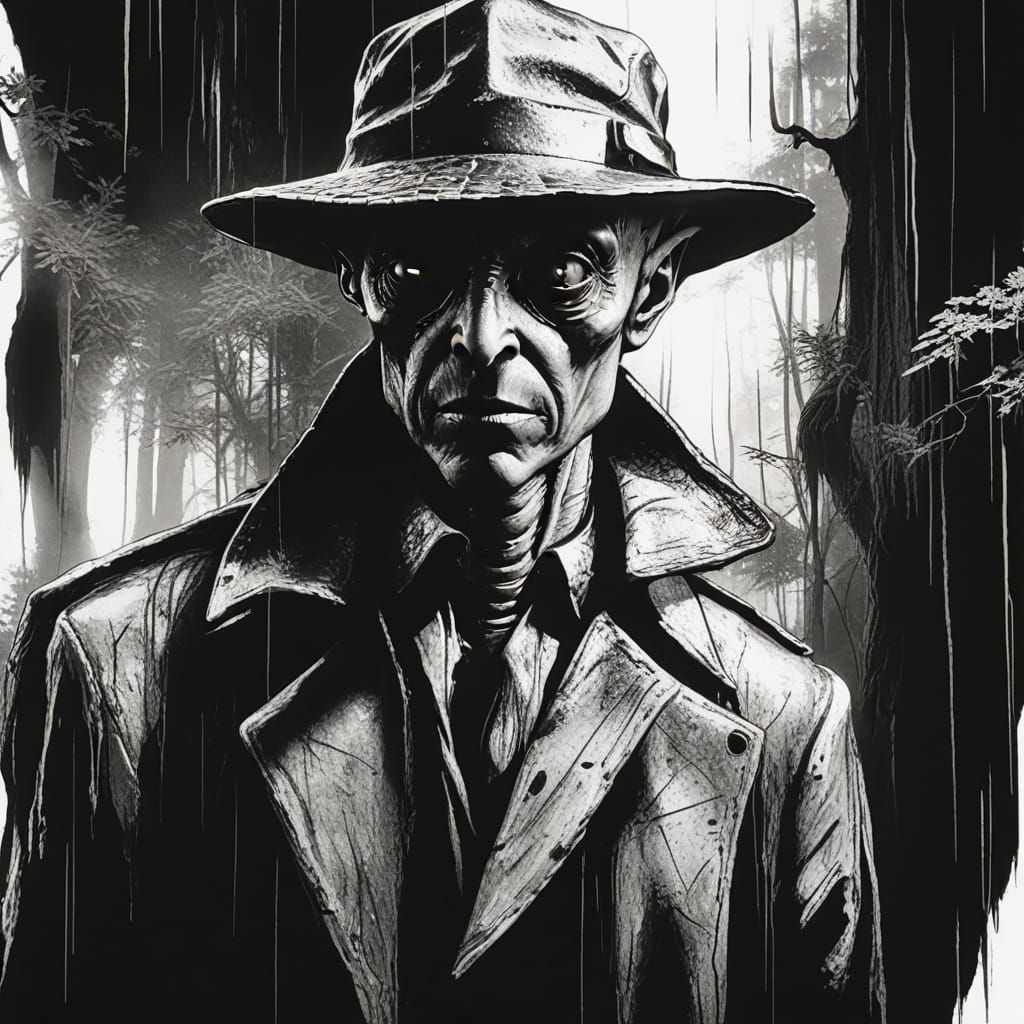 Alien in Dark Forest: Surreal Oil Painting