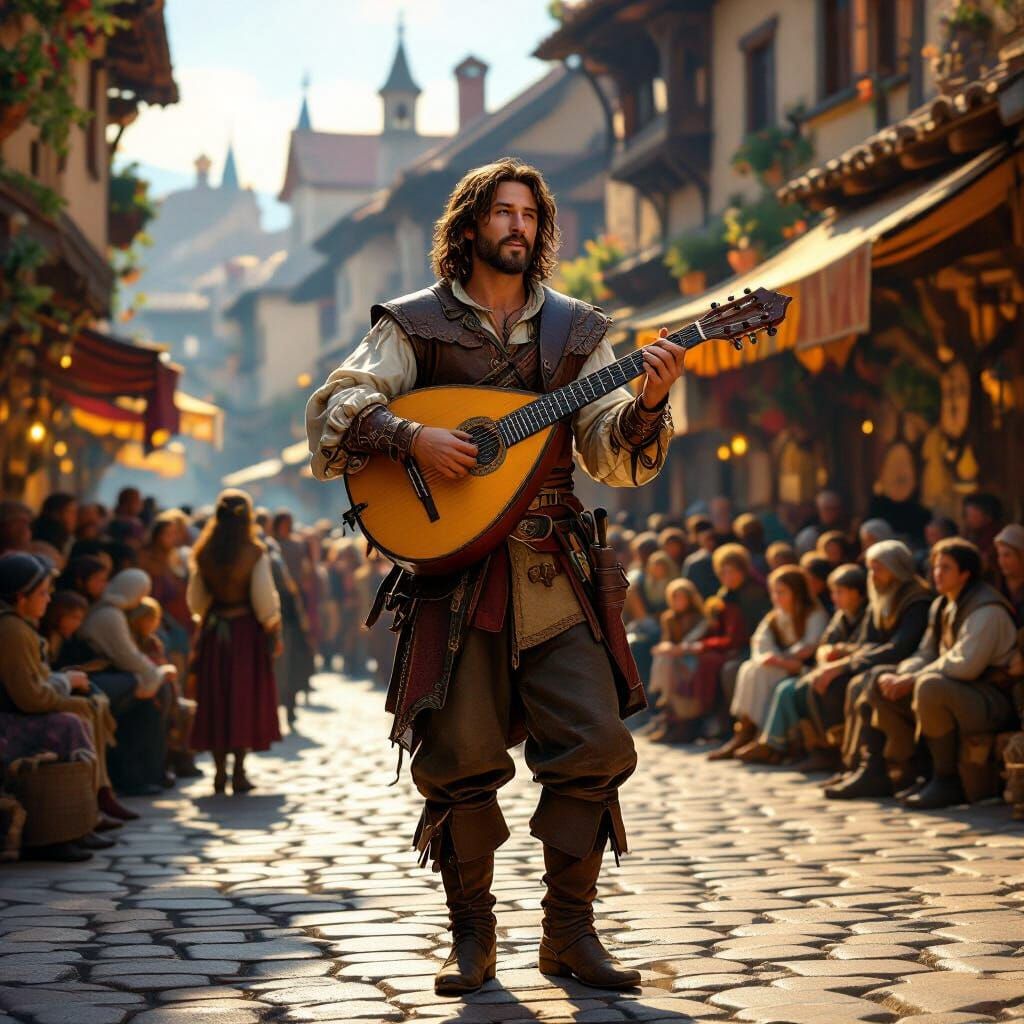 Troubadour Sings in Golden Hour Medieval Village Square