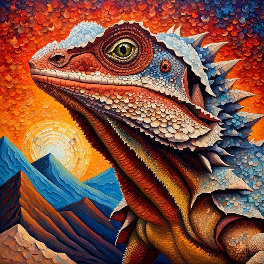 Frilled-Neck Lizard Portrait in Vivid Impasto Folk Art