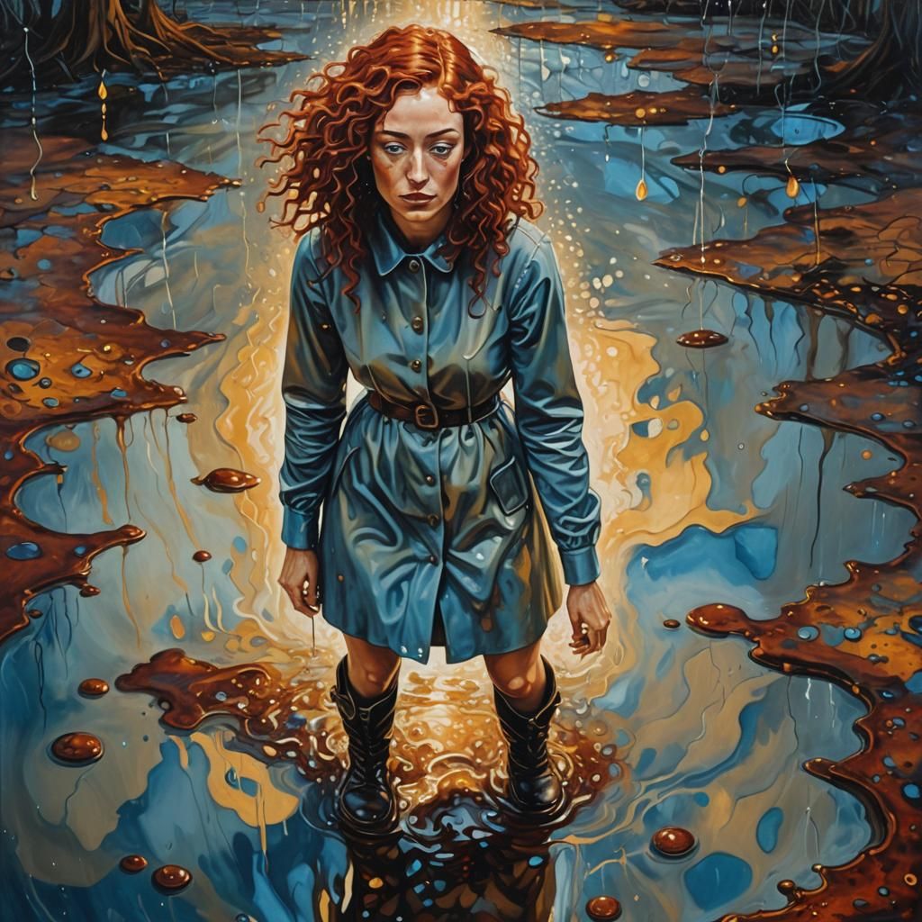 Surreal Redhead in Puddle: Dreamlike Oil Painting