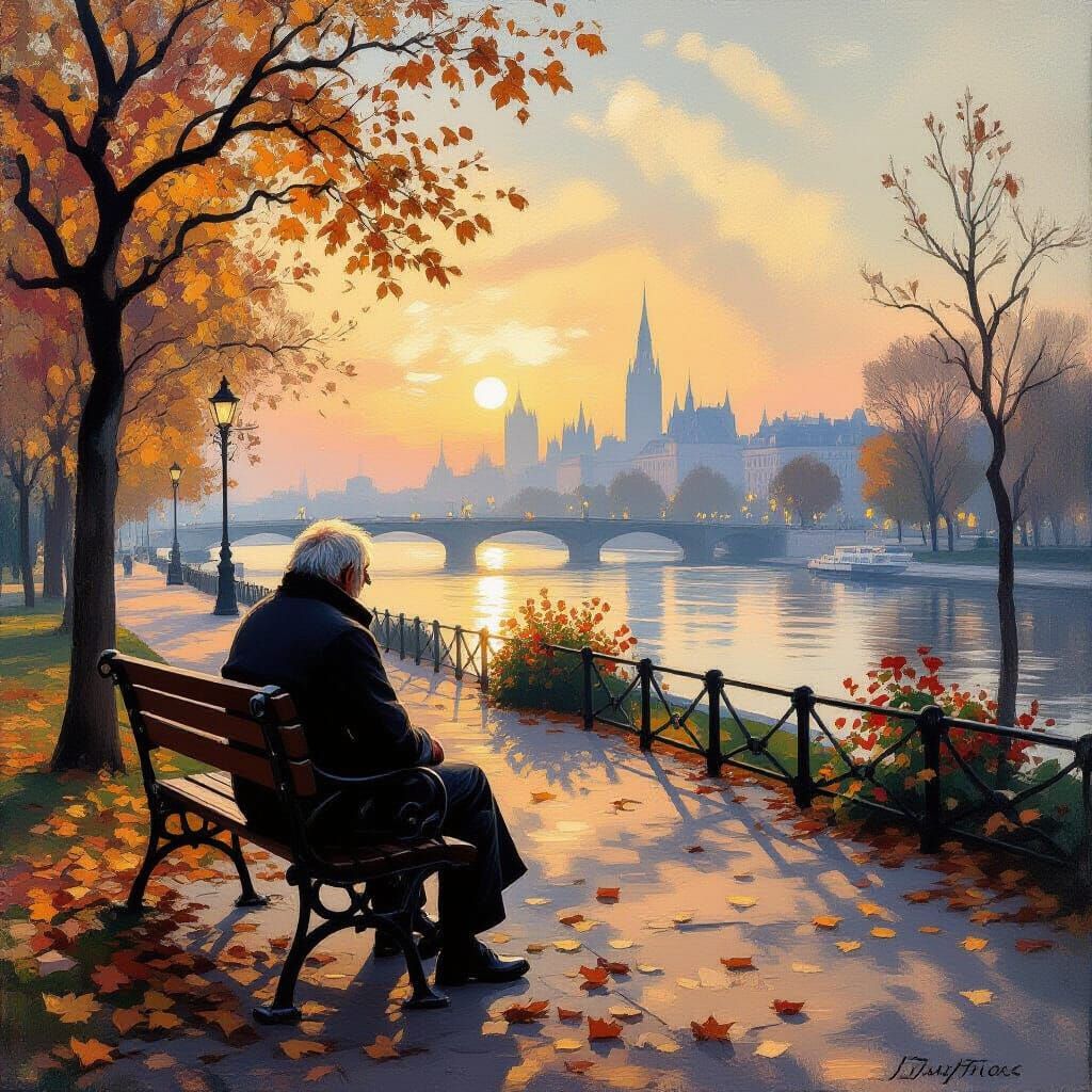 Old Man Gazing at Hazy Cityscape at Dusk, Impressionist Styl...