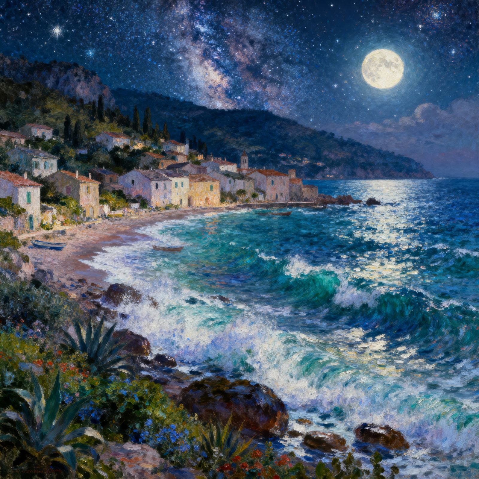 Seaside Village at Night: Impressionist Oil Painting