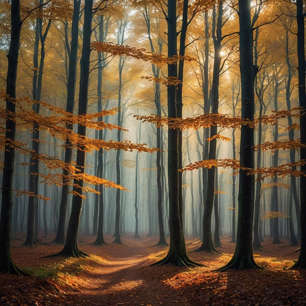 Autumn Leaves Falling in Misty Forest Landscape