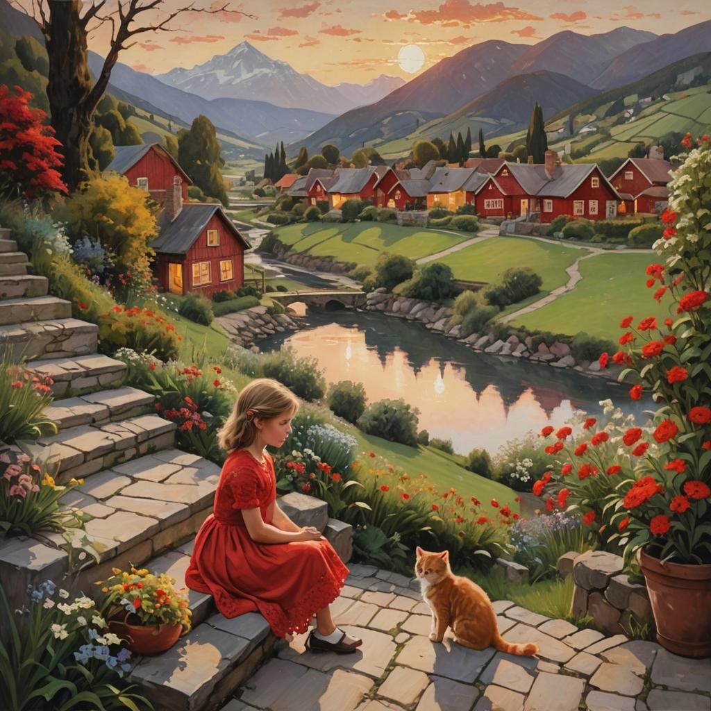 Girl and Cat in Mountain Landscape as Oil Painting