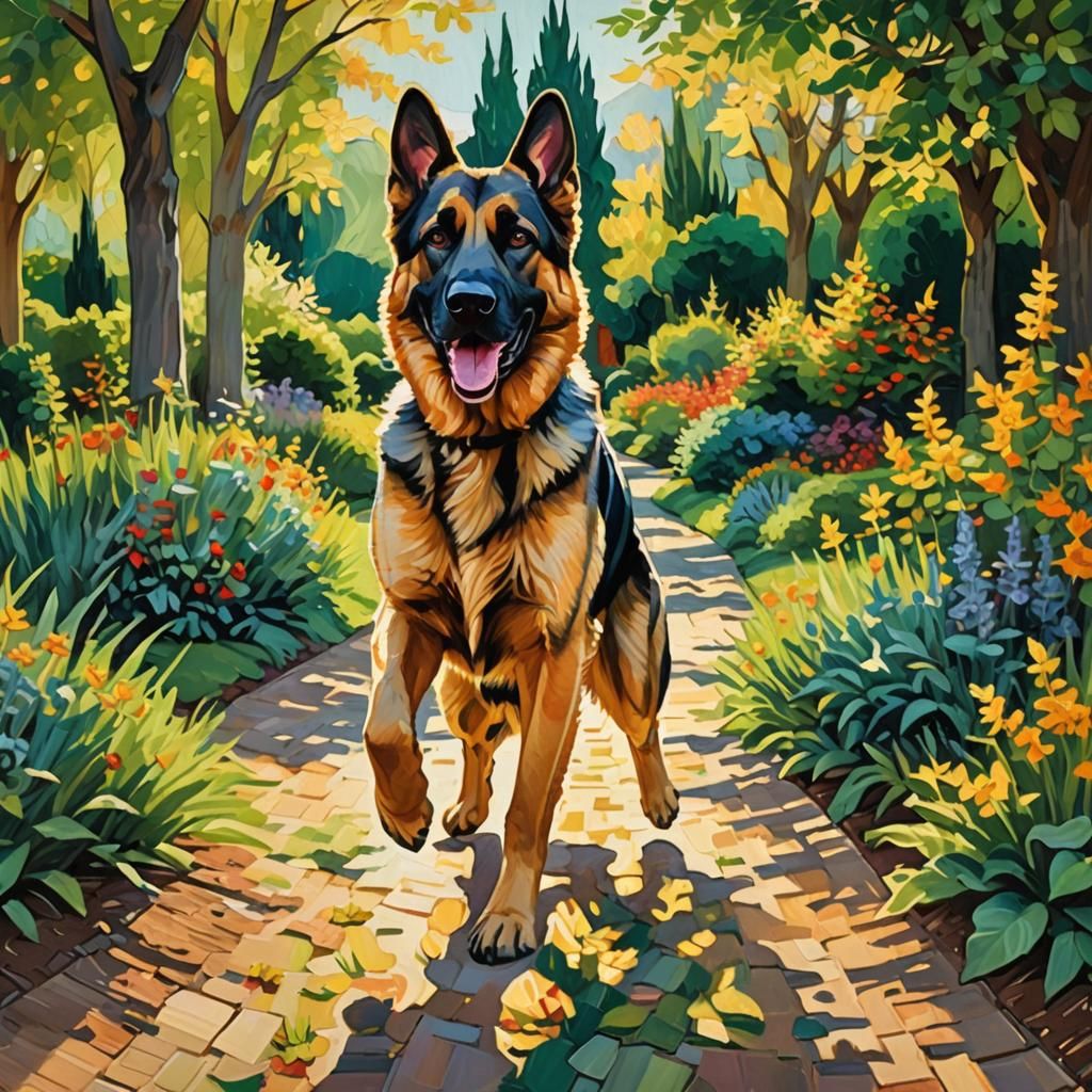 German Shepherd in Garden, Van Gogh-Inspired Oil Painting