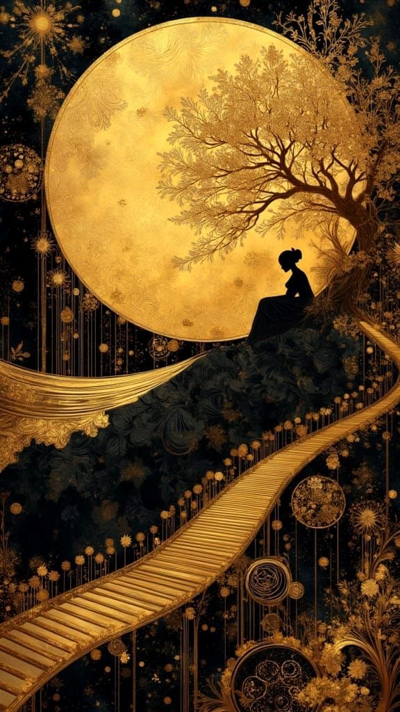 Art Deco Abstract Seascape in Gold and Black