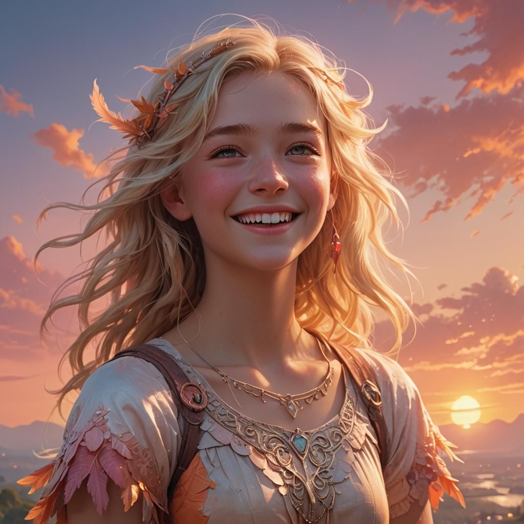 Ethereal Sunrise: Fantasy Art of a Smiling Girl