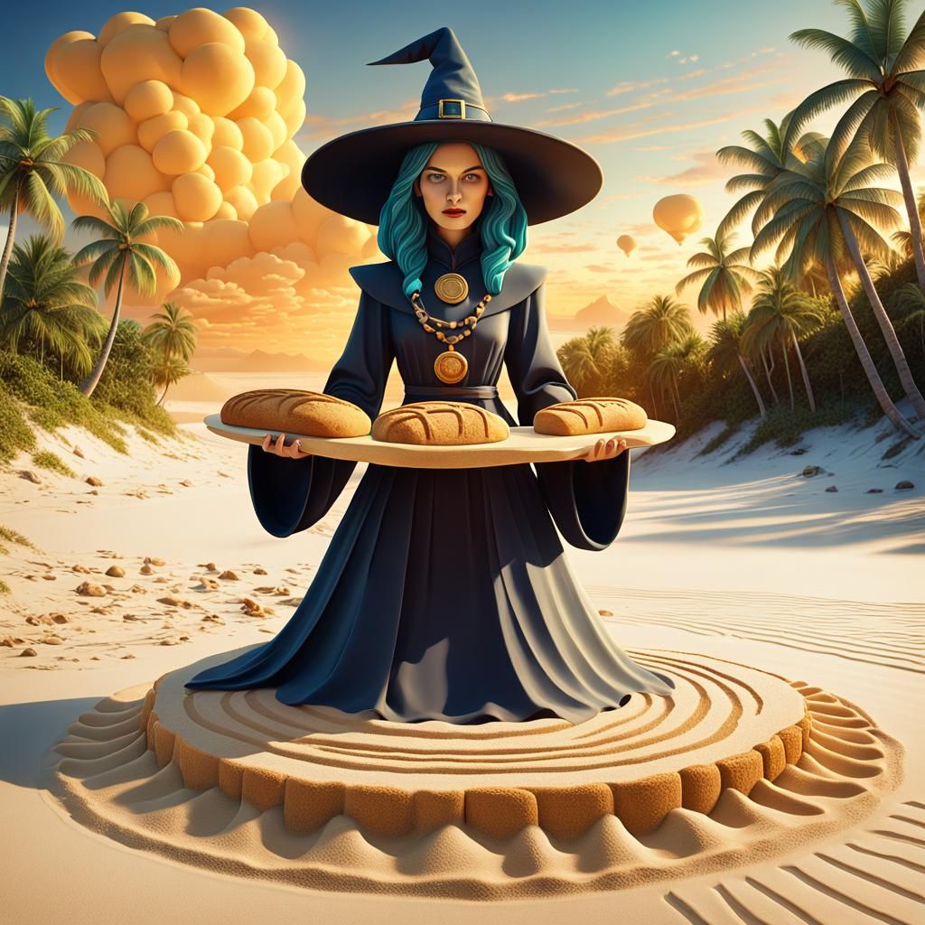 Sand Witch Celebrates Victory on Tropical Beach