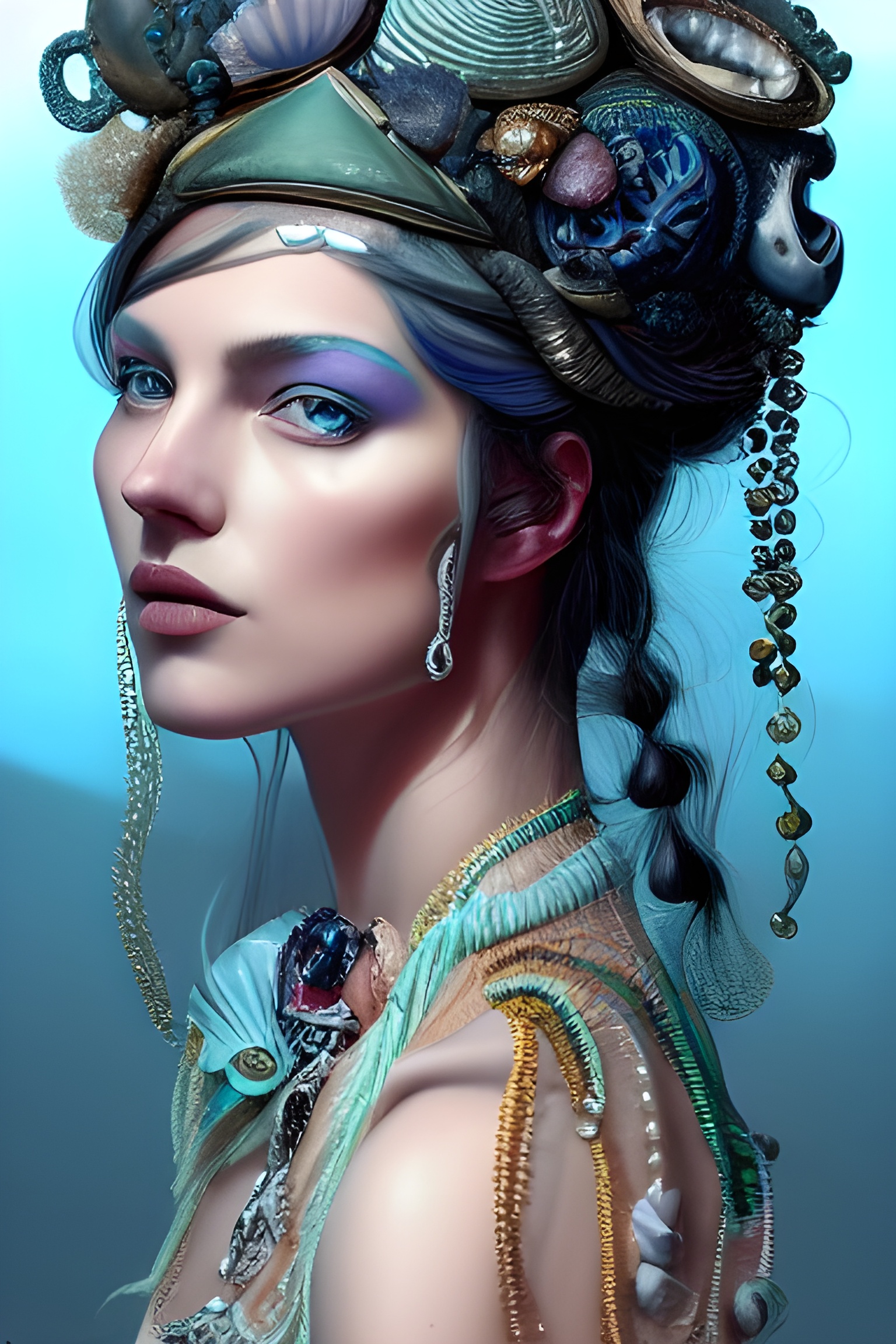 Woman in Seashells: Hyperrealistic Noir Portrait