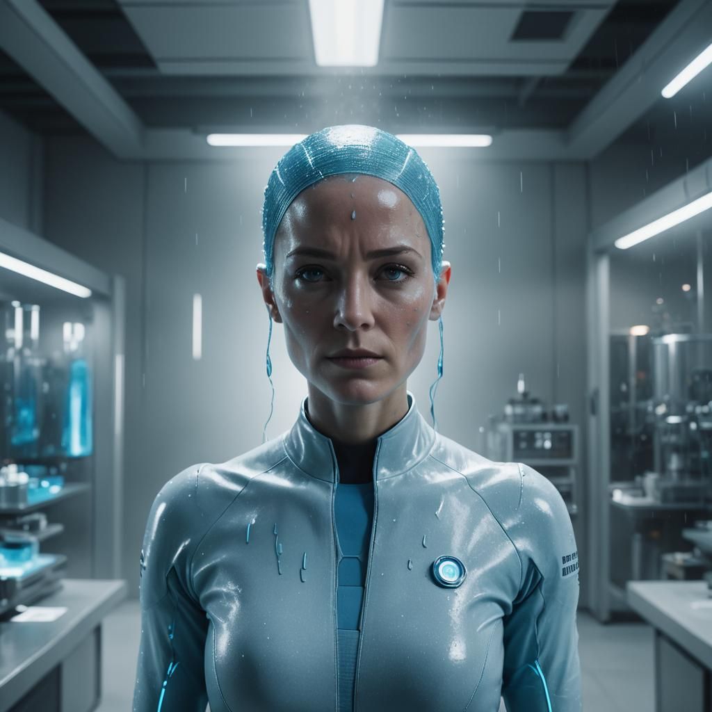 Female Dr. Manhattan in a Futuristic Lab