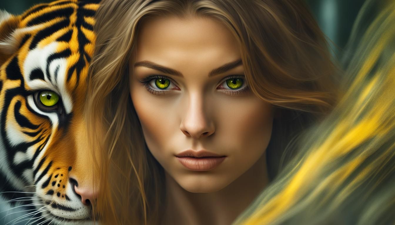 Woman with Intense Tiger Eyes in Hyperrealism