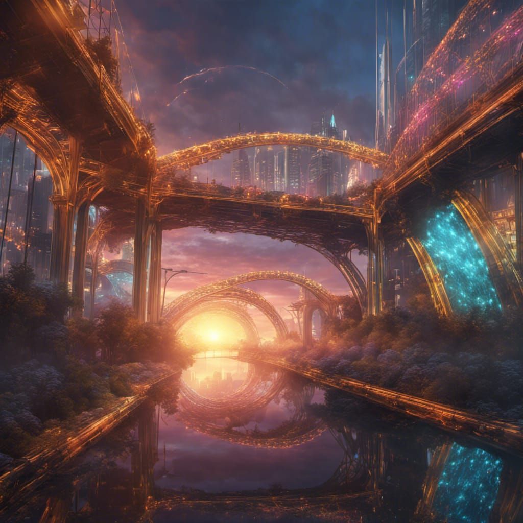 Cyberpunk Crystal Bridge with Golden Ornaments at Sunset