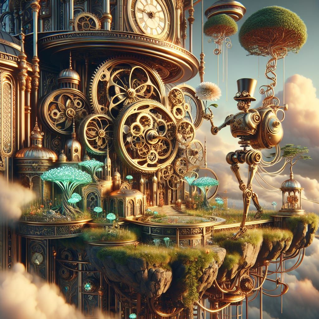 Steampunk Automaton's Floating Garden in Art Nouveau Style