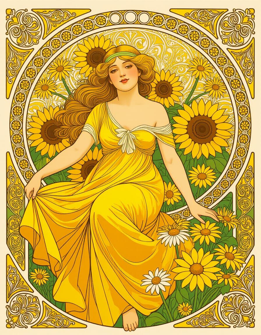 Art Nouveau Woman in Yellow with Sunflowers