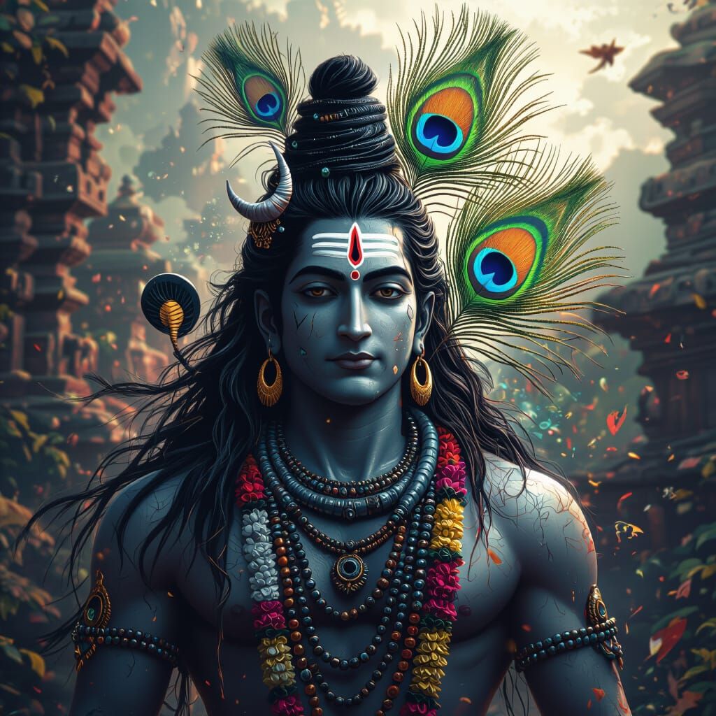 Peacock Feather and Lord Shiva Fusion in Digital Art