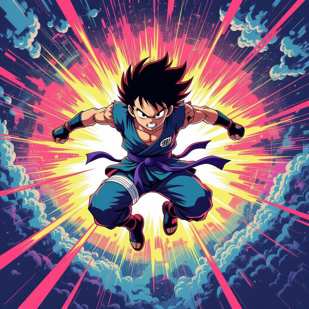 Energetic Warrior in Psychedelic Anime World