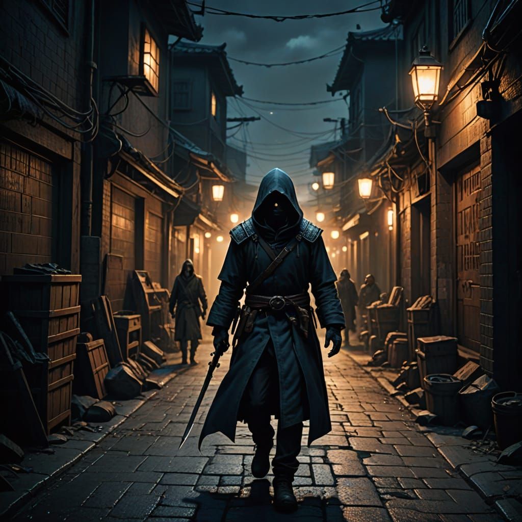 Mysterious Figure Confronts Guards in Dark Street Scene