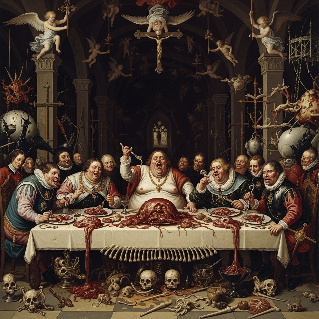 Grotesque Banquet Scene in Baroque Horror-Surrealism Style
