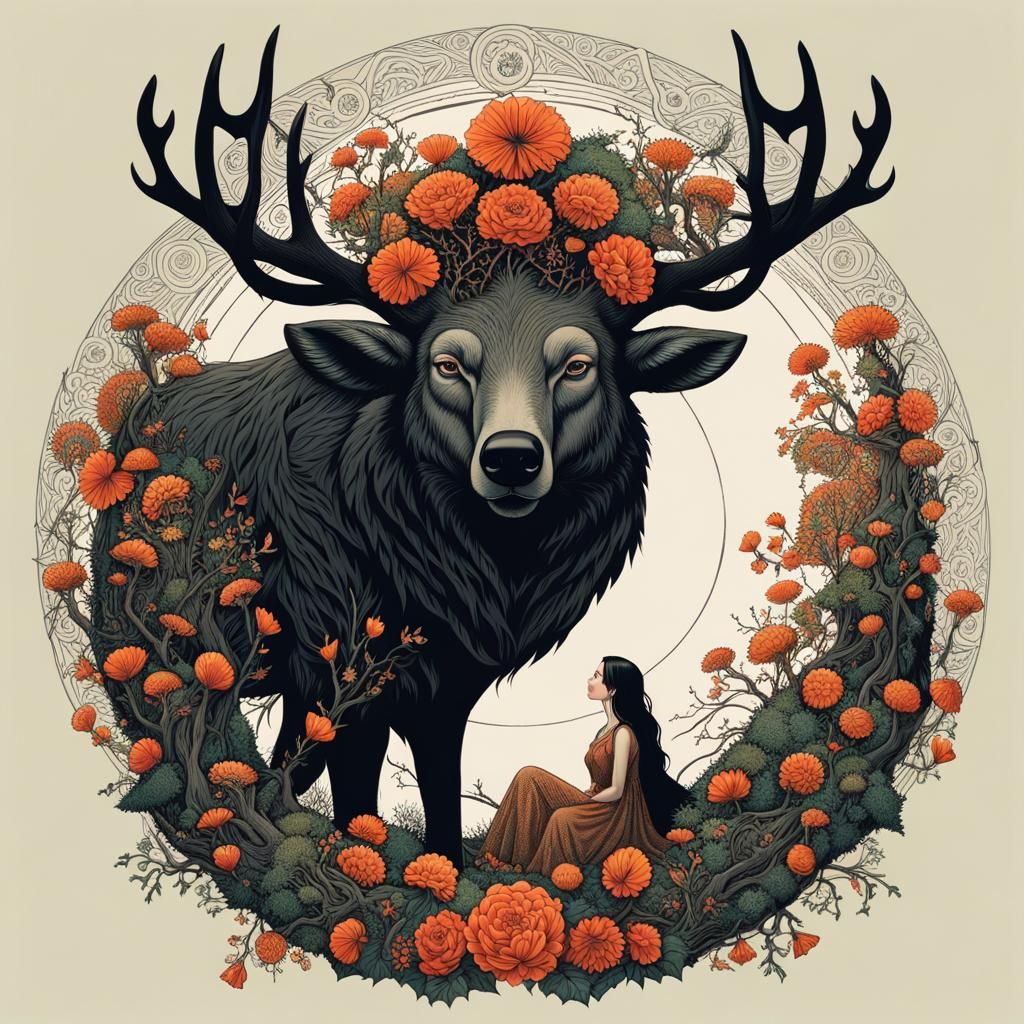 Girl with Antlers on Bear in Gothic Forest