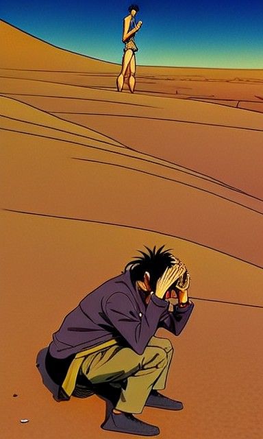 Thirsty Man Cries in Desert, Anime Comic Art