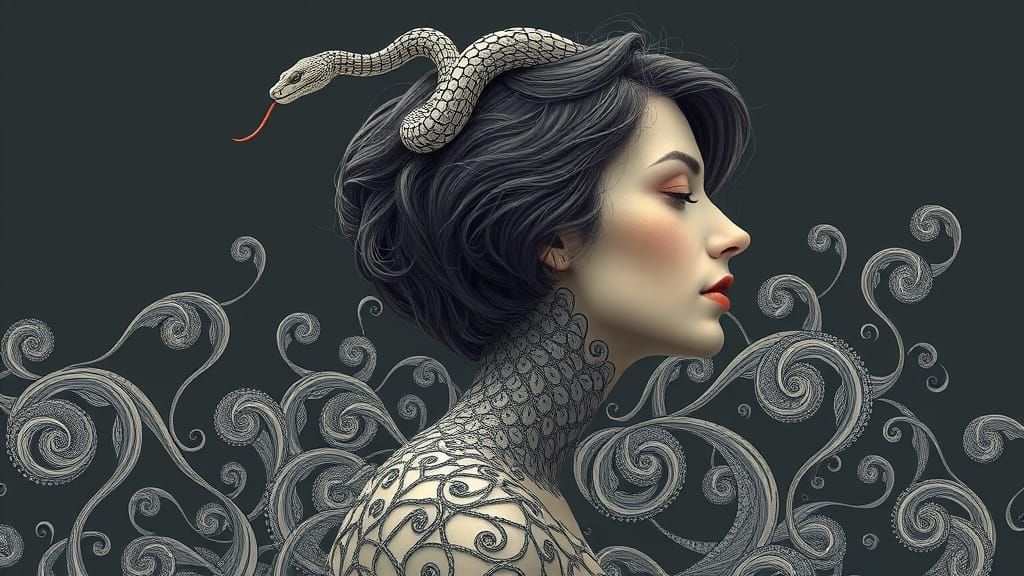 Serene Woman with Serpent in Zentangle Fractal Style