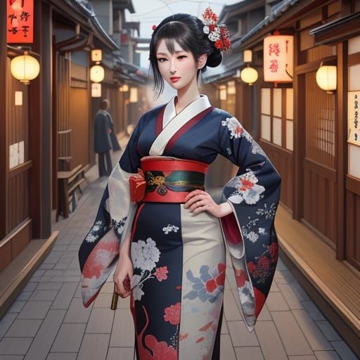 A medieval Japanese geisha walking through a street. Ukiyo-e...