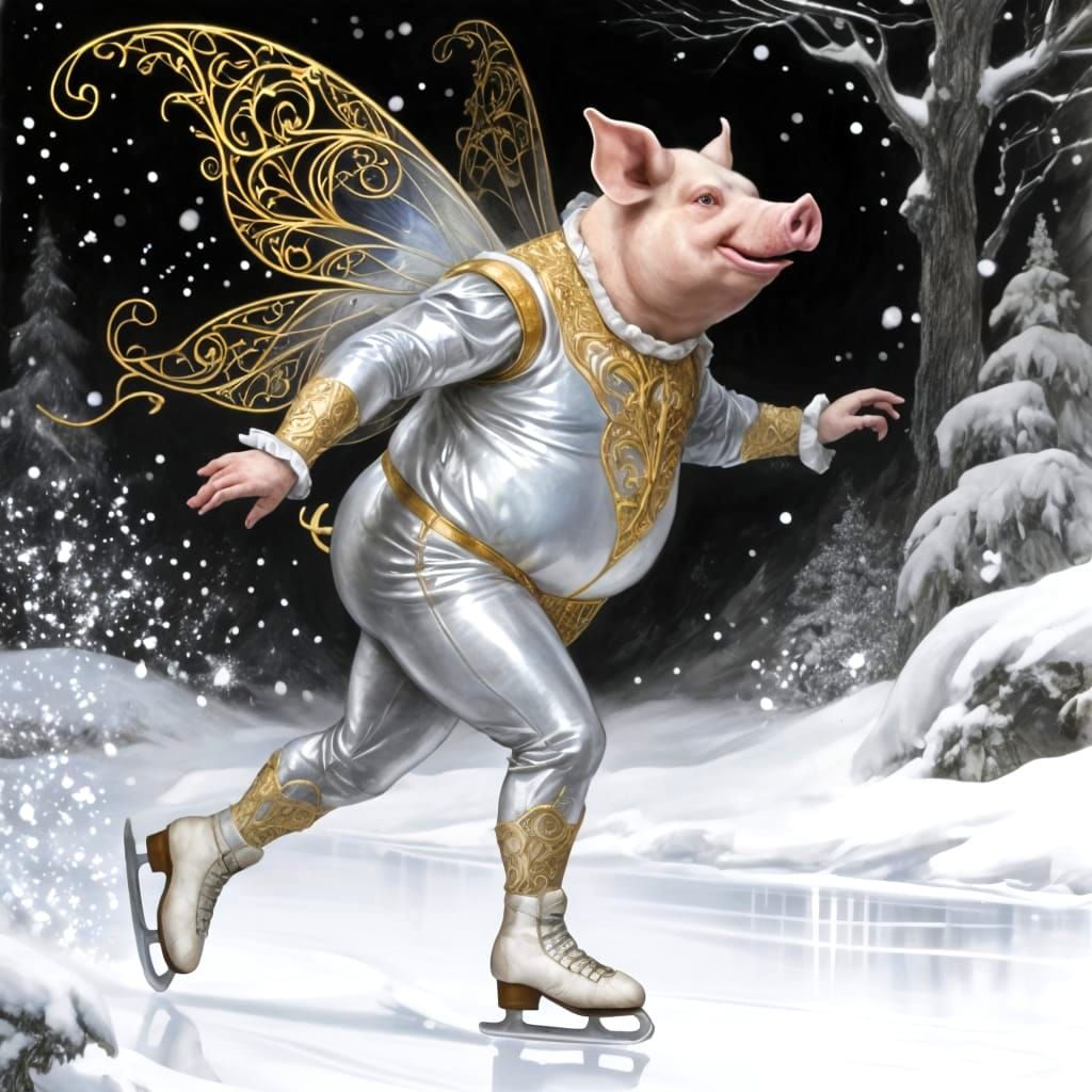 Corpulent Pig-Headed Man Skates Through Glittery Snow