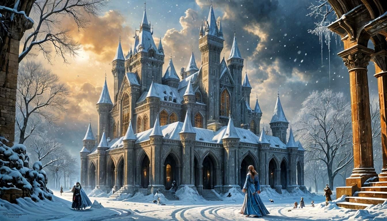 Ethereal Queen in Winter Castle, Snowflakes Gown, Icy Knight...