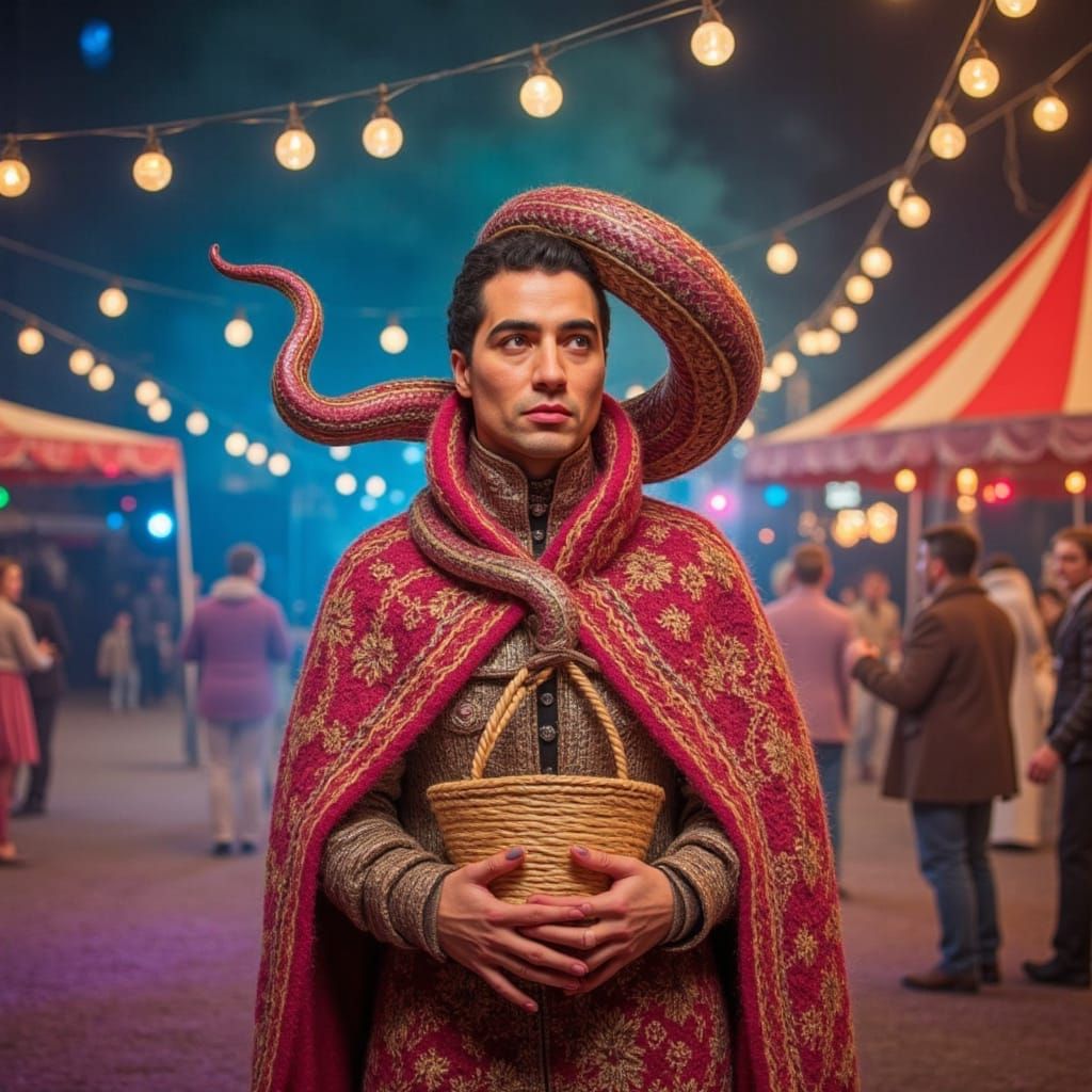 Vibrant Circus Snake Charmer in Wool Portrait