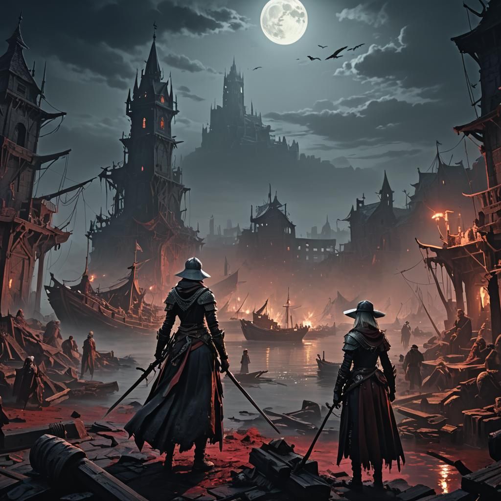 Dark Fantasy Hunt in Alphonse Mucha Style