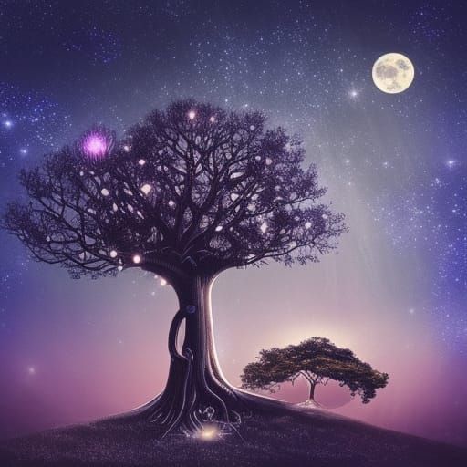 Art Deco Fairy Tree Under Starry Crescent Moon
