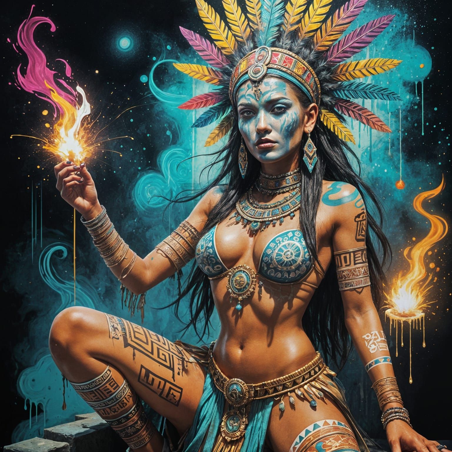 Vibrant Aztek Queen Shaman in Nocturnal Ritual