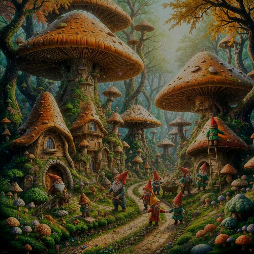 Gnome Village in Mushroom Forest, Hyperrealistic