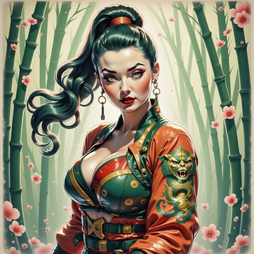 Female Warrior in Bamboo Forest with Anime Style